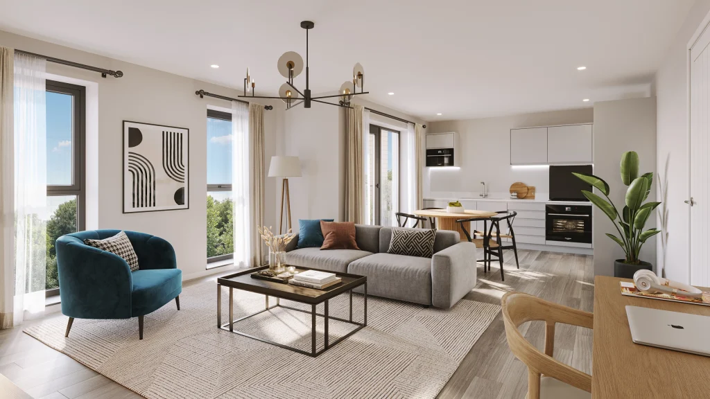 light living room with open plan kitchen