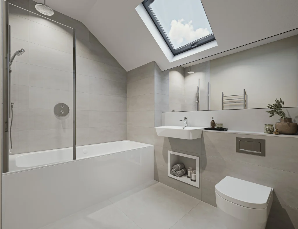 modern bathroom with a skylight