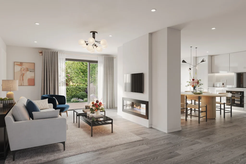 light modern living room with open plan kitchen